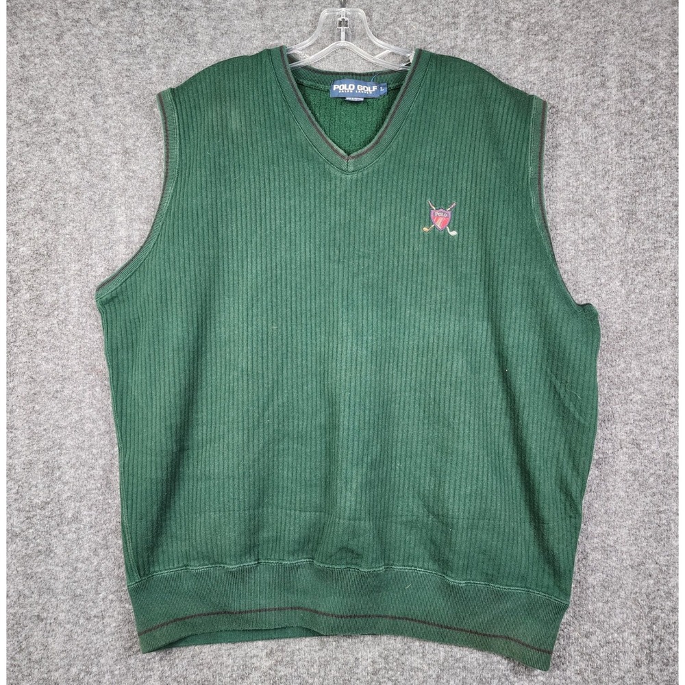 Polo Golf Ralph Lauren Sweater Vest Mens L Green Ribbed V-Neck Fleece Crest Logo